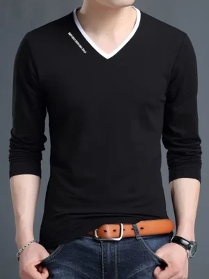 Men's Black V-Neck Long Sleeve T-Shirt